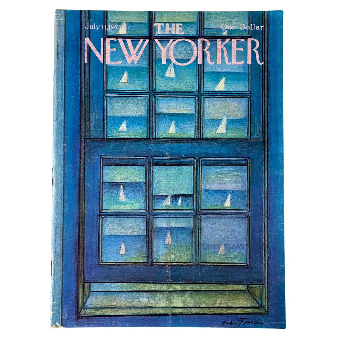 The New Yorker Full Magazine July 11, 1977 Andre Francois Cover featuring a colorful illustration of sailboats viewed through a window, encapsulating the artistic style of André François.