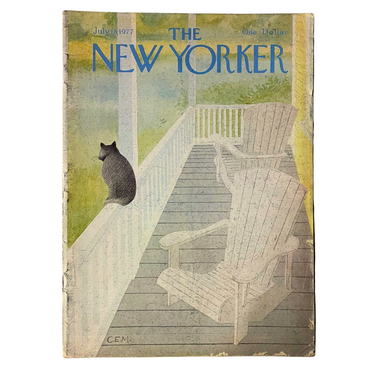Vintage cover of The New Yorker magazine from July 18, 1977 featuring artwork by Charles E. Martin, depicting a serene porch scene with a cat and two wooden chairs.