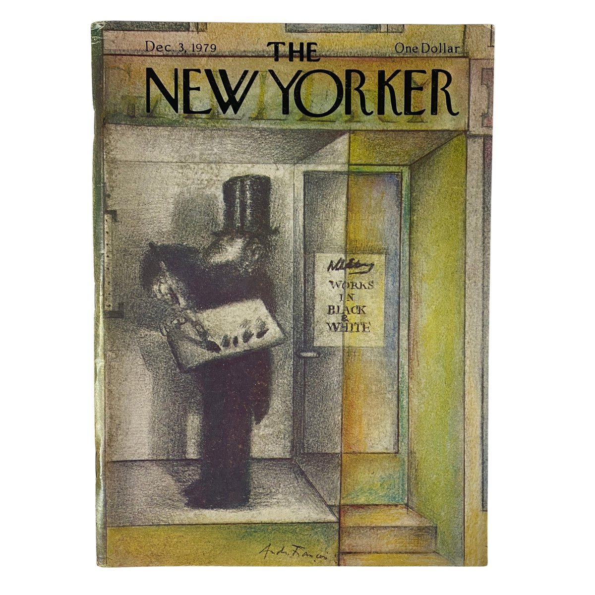 Cover of The New Yorker Full Magazine December 3, 1979 featuring a unique illustration by André François, depicting a figure holding a palette in front of a gallery entrance.