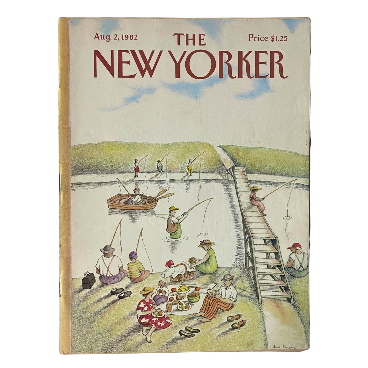 Cover of The New Yorker magazine from August 2, 1982 featuring an illustration by Anne Burgess, depicting a serene fishing scene with people enjoying various activities by a river.
