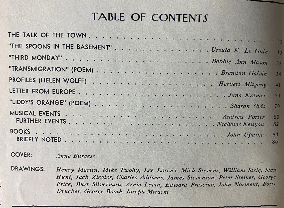 Table of contents from The New Yorker magazine, August 2, 1982, featuring articles by Ursula K. Le Guin and Herbert Mitgang, among others, highlighting cultural commentary of the early 1980s.