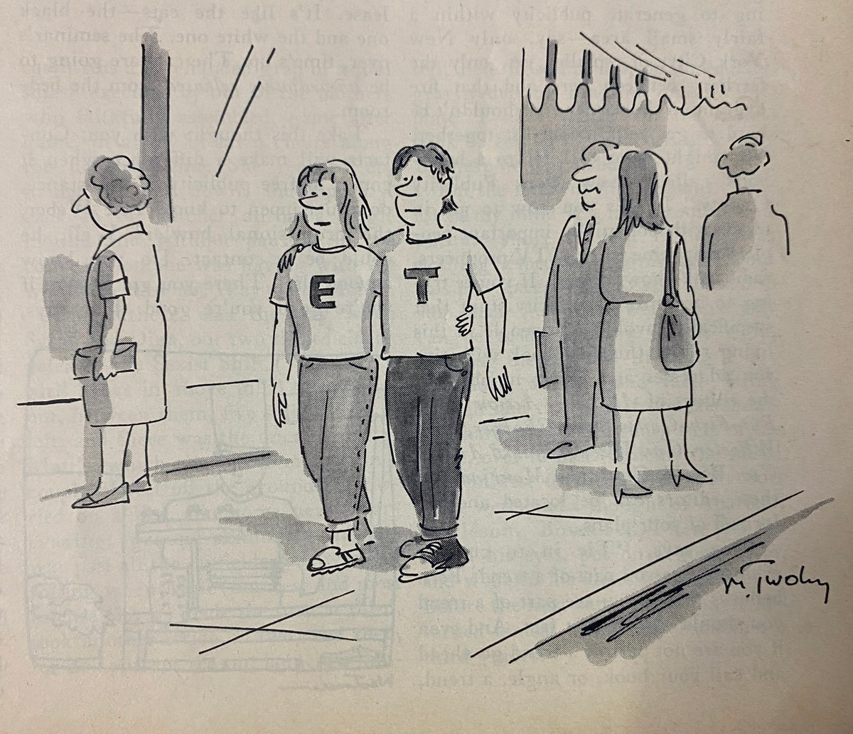 Cartoon illustration by Mike Twohy in The New Yorker magazine, August 2, 1982, depicting two characters in 'E.T.' t-shirts, reflecting pop culture humor of the era.
