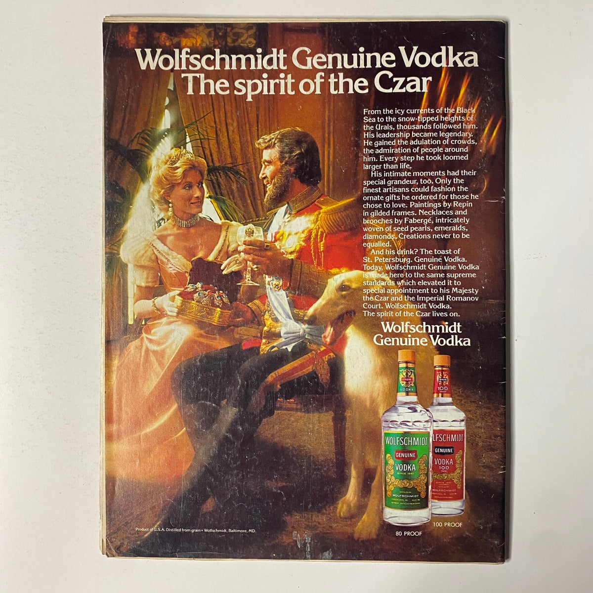 Back cover advertisement for Wolfschmidt Genuine Vodka from The New Yorker magazine, August 2, 1982, showcasing a historical scene with a Czar, emphasizing the premium quality of the vodka.