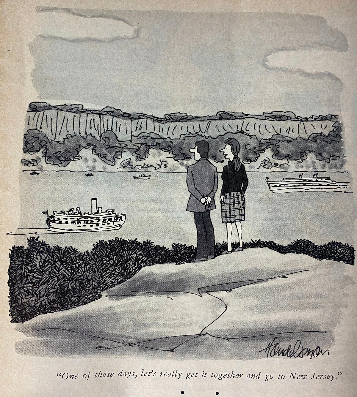 Illustration from The New Yorker Full Magazine July 25, 1977, featuring a couple looking out towards the water, engaging in conversation about a trip to New Jersey.