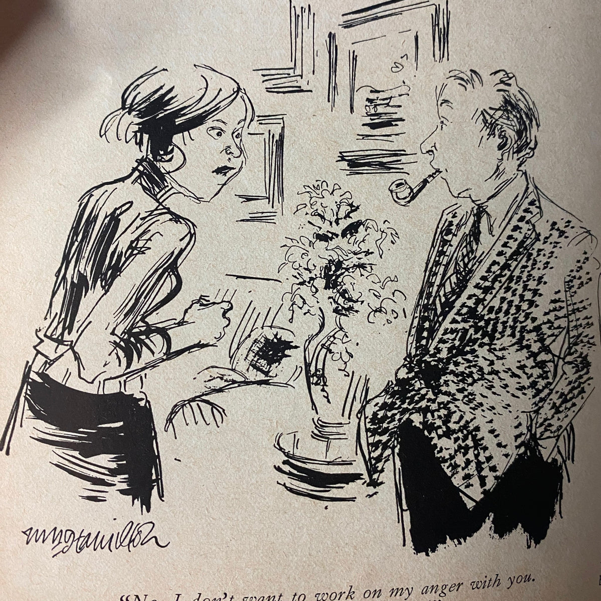 Illustration from The New Yorker, November 12, 1979, featuring a conversation between a woman and a man with a pipe, capturing the magazine's signature wit.