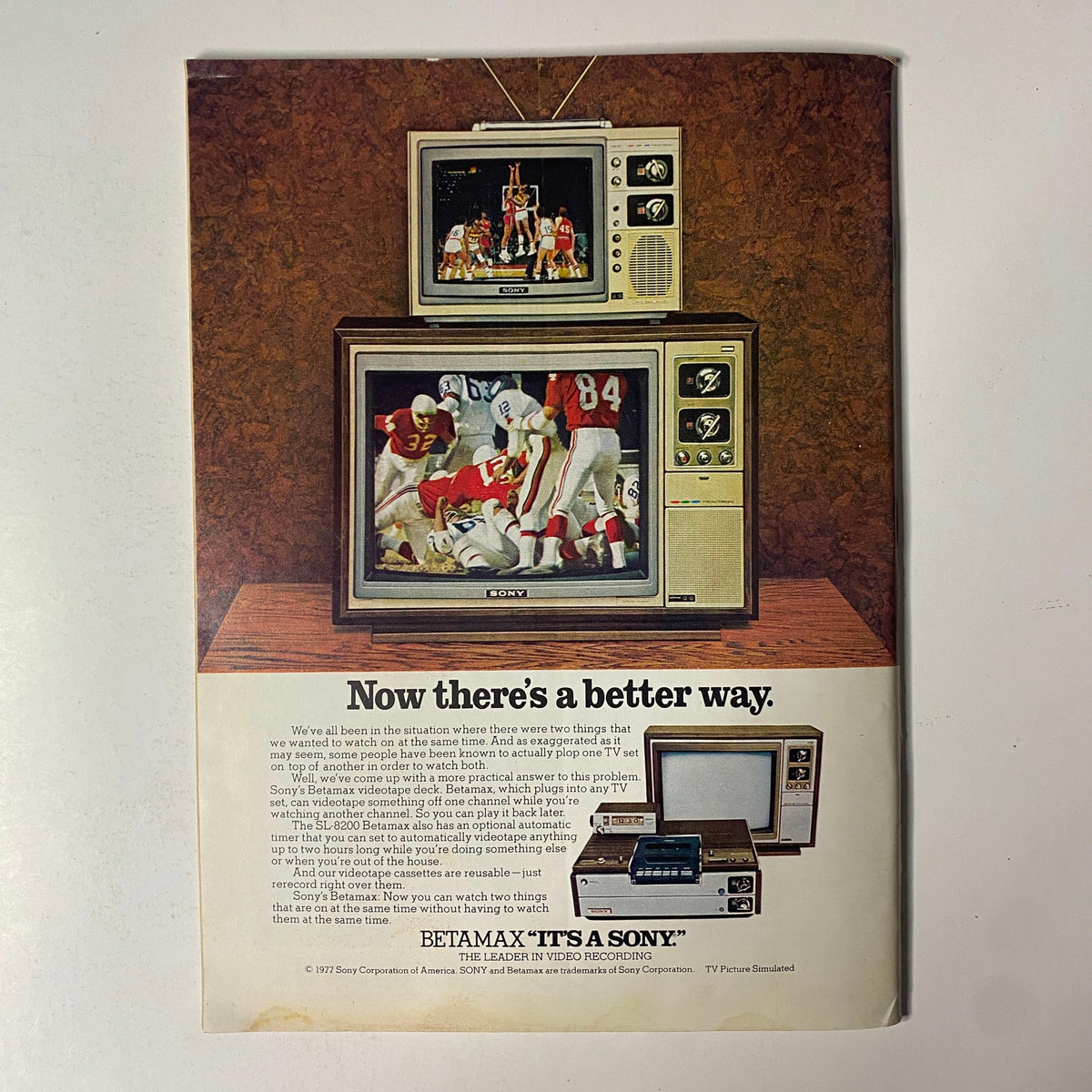 Back cover advertisement from The New Yorker magazine, February 27, 1978, showcasing a vintage Sony Betamax video recording device among television sets, highlighting technology from the era.