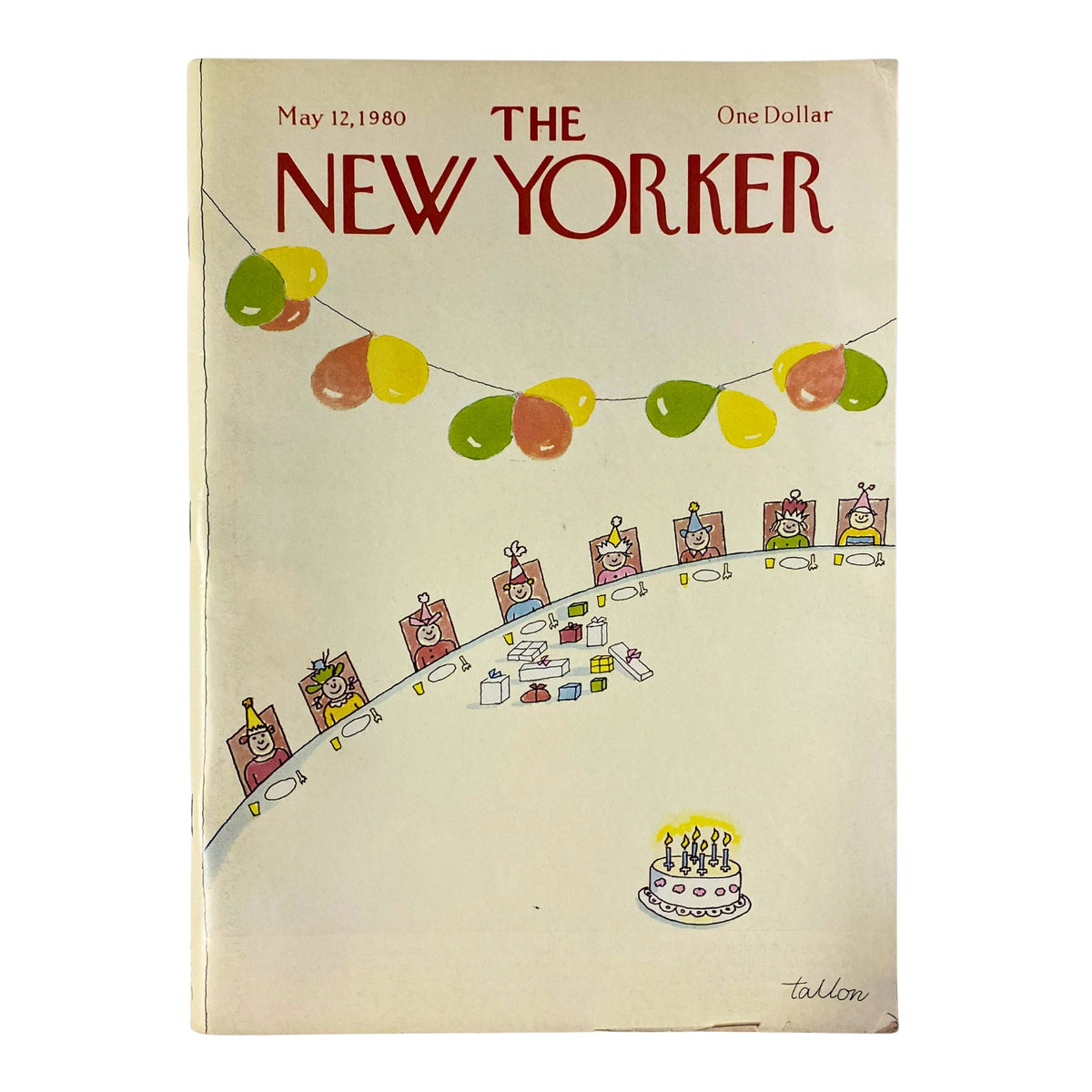 Cover of The New Yorker magazine dated May 12, 1980, featuring a colorful birthday party theme illustration by Robert Tallon.