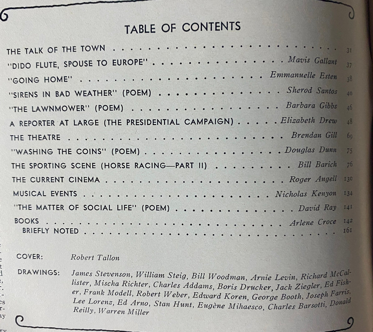 Table of contents from The New Yorker magazine, May 12, 1980, detailing featured articles and authors including Mavis Gallant and Elizabeth Drew.