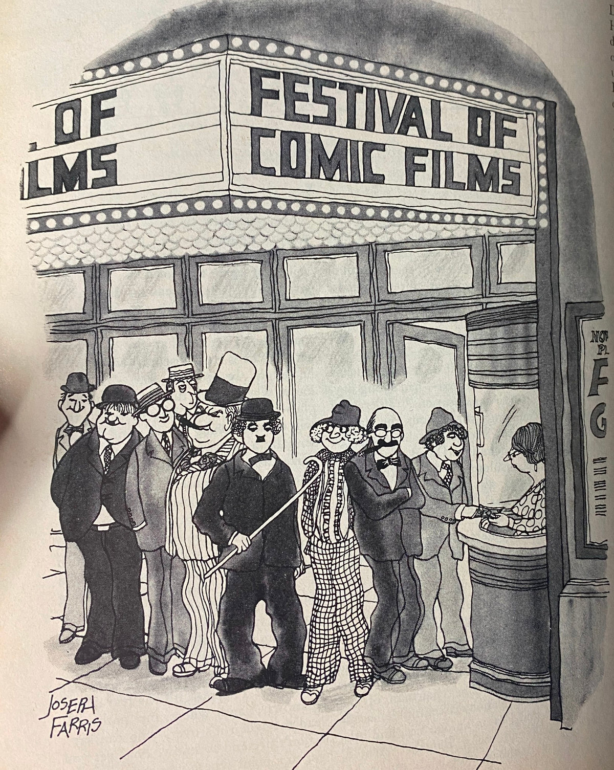Illustration from The New Yorker magazine, May 12, 1980, depicting characters in front of a theater marquee for the 'Festival of Comic Films'.