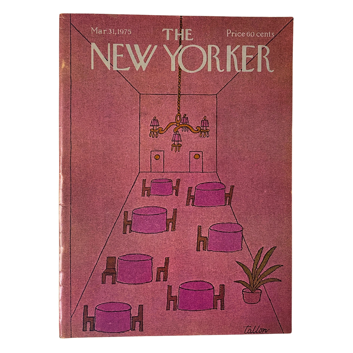 Cover of The New Yorker magazine dated March 31, 1975, featuring a unique illustration by Robert Tallon, showcasing a pink-themed restaurant interior with tables and chairs.