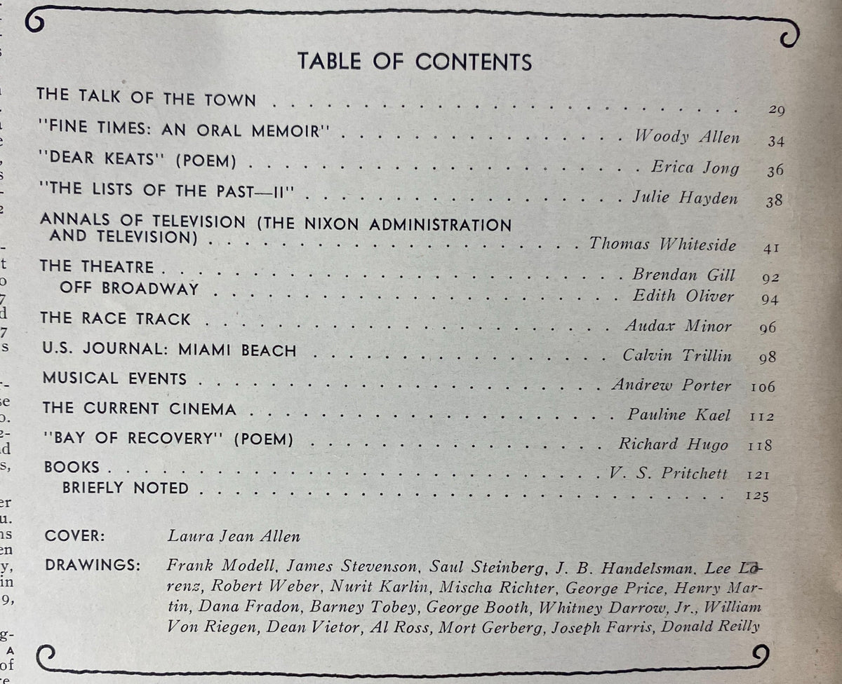 Table of contents from The New Yorker magazine issue March 17, 1975 featuring works by Woody Allen and Erica Jong.