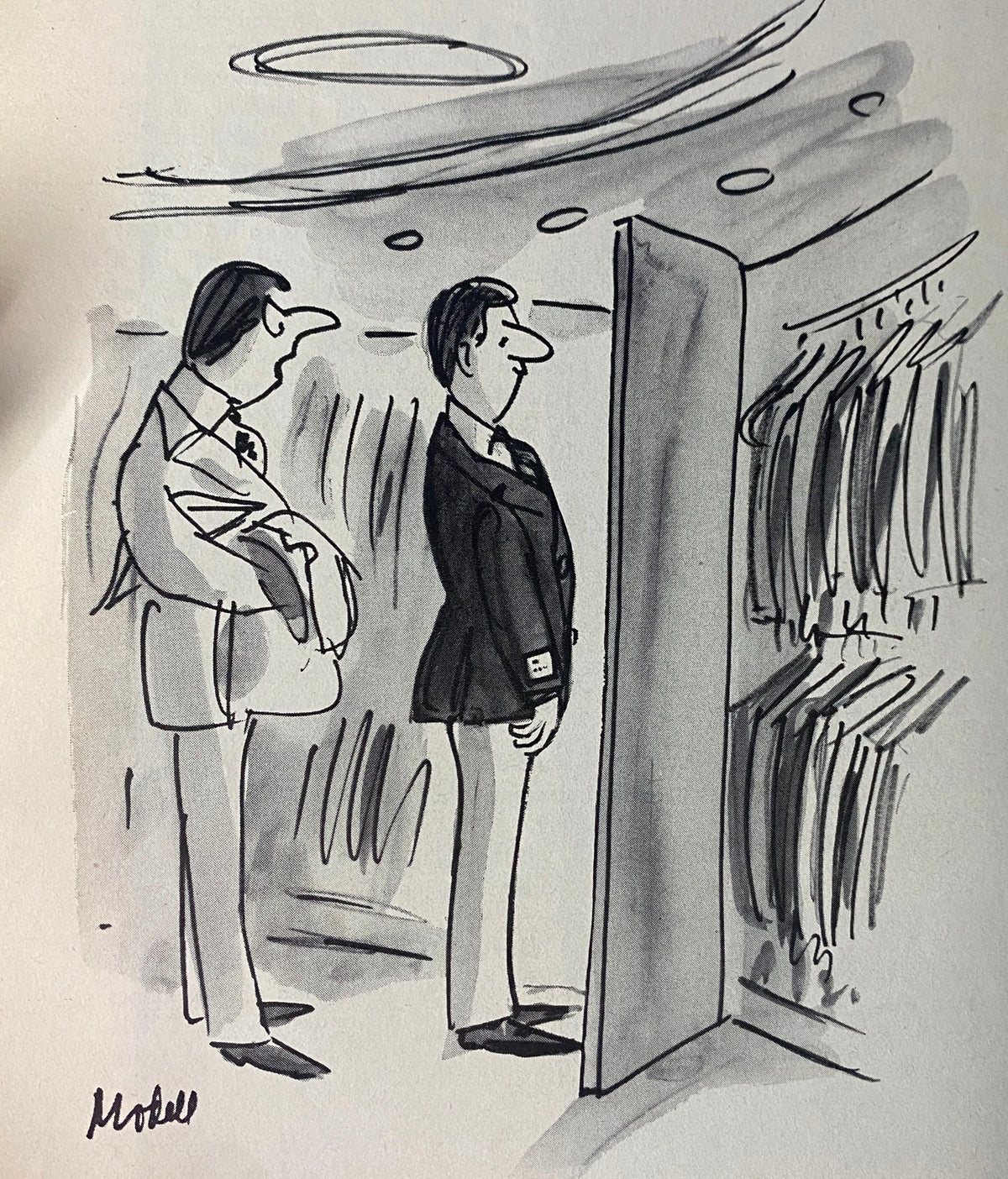 Cartoon illustration by Frank Modell featured in The New Yorker magazine March 17, 1975, depicting two men in a fitting room.