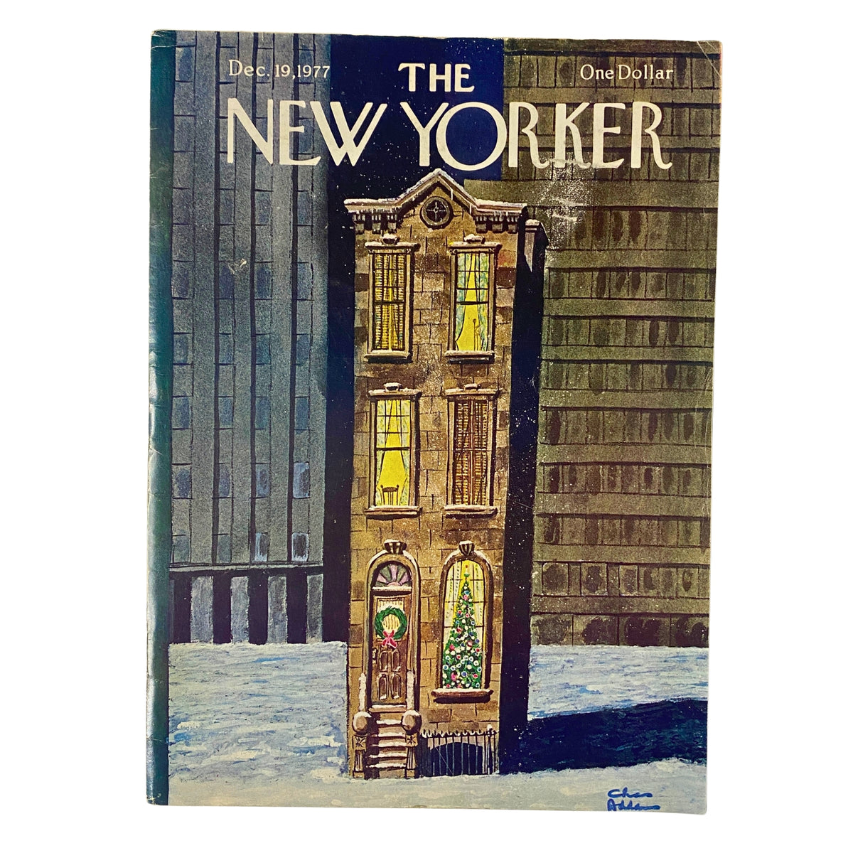 Cover of The New Yorker magazine featuring a Charles Addams illustration, dated December 19, 1977. The cover depicts a whimsical building amidst a cityscape, reflecting the unique style of Charles Addams.