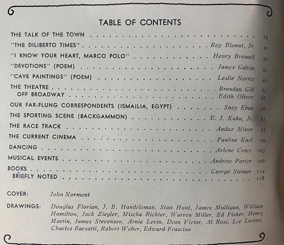 Table of contents page from The New Yorker magazine, March 6, 1978, listing featured articles and contributions from various writers, including titles like 'The Dilberto Times' and 'I Know Your Heart, Marco Polo'.