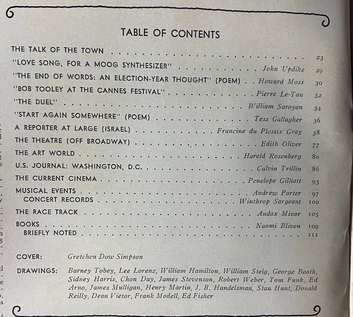 Table of contents page of The New Yorker magazine from June 14, 1976, listing notable articles and contributions from writers including John Updike and Tess Gallagher.