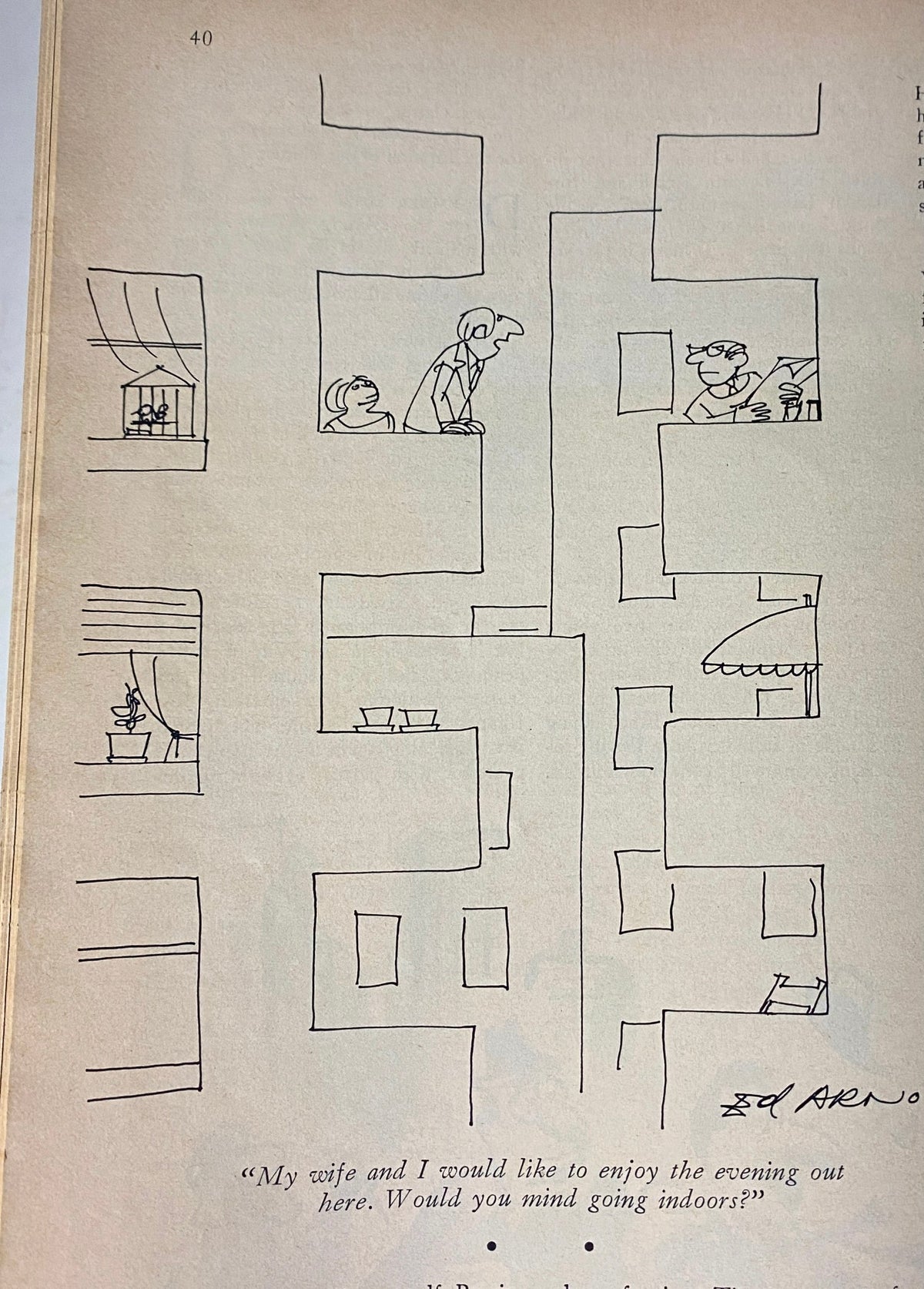 Illustration from The New Yorker magazine dated June 14, 1976, depicting a humorous scene featuring characters observing each other from different apartments.