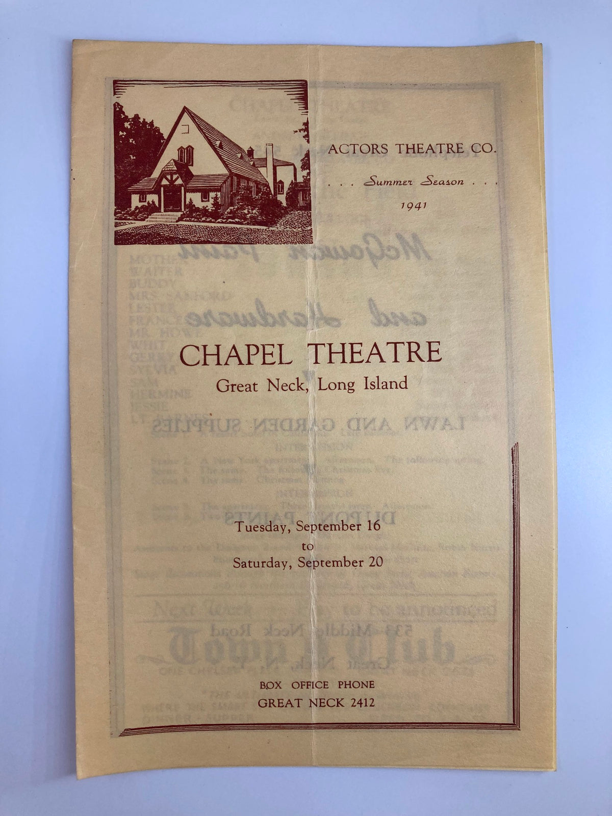 1941 Actors Theatre Co. Chapel Theatre Playbill for 'Lilies of the Field' featuring a vintage cover design and performance details including dates from September 16 to September 20.