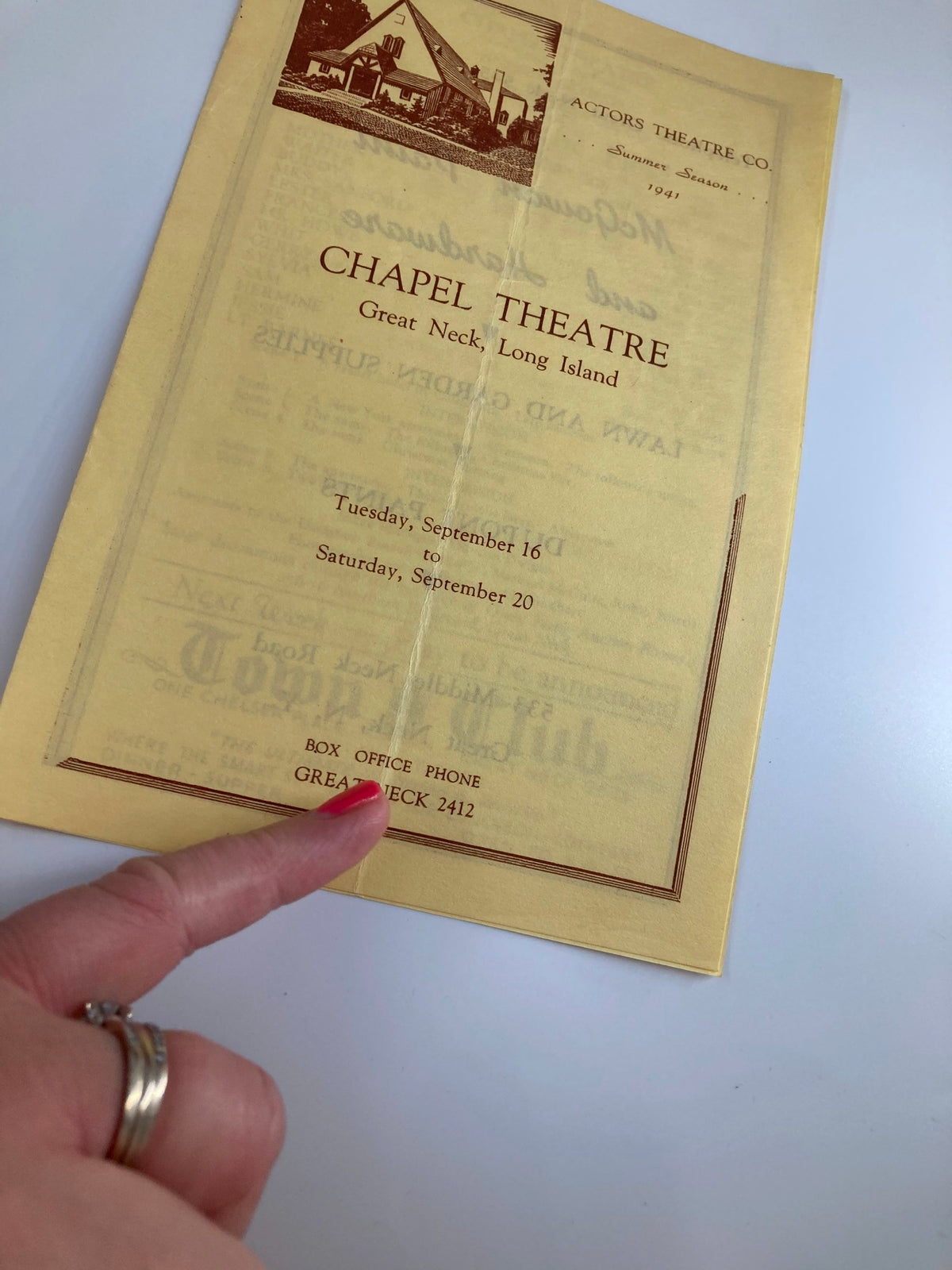 Close-up of the 1941 Actors Theatre Co. Chapel Theatre Playbill for 'Lilies of the Field' displaying performance dates and box office information.