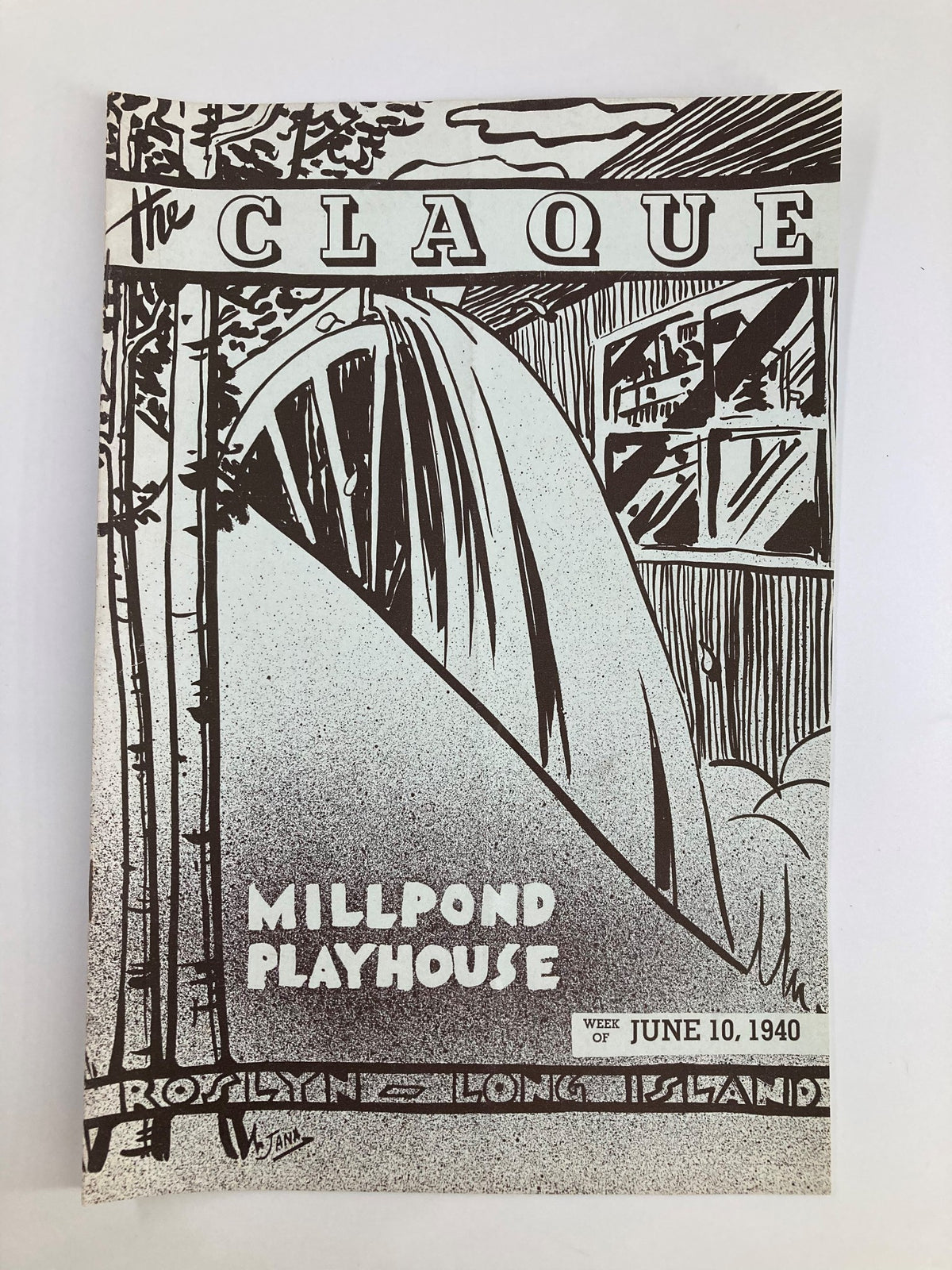 1940 Claque Millpond Playhouse poster featuring the title of the production 'Boy Meets Girl', showcasing a vintage graphic design with trees and playhouse architecture.