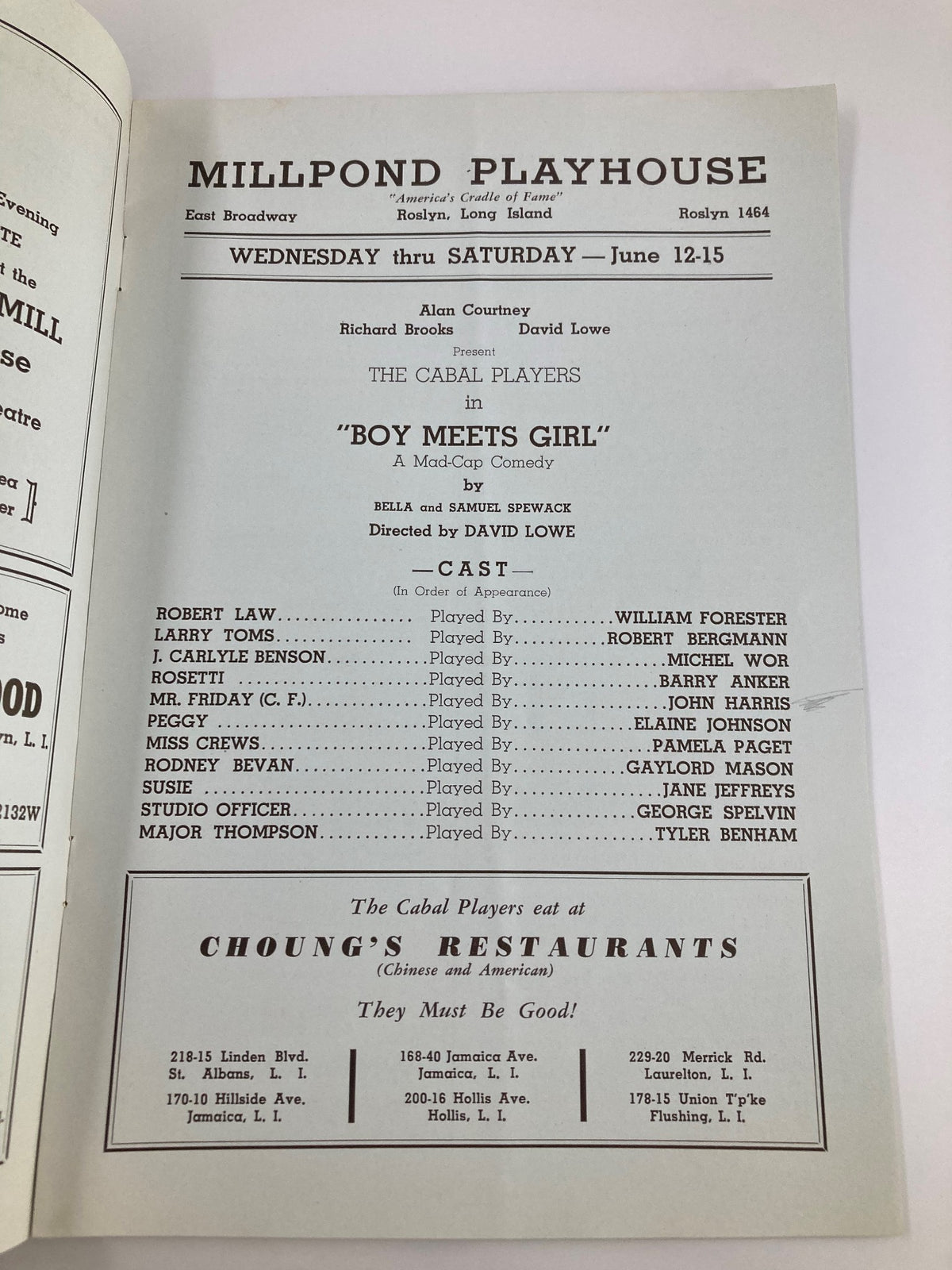1940 Claque Millpond Playhouse program details for 'Boy Meets Girl' by The Cabal Players, listing the cast and show information, reflecting classic theatre history.