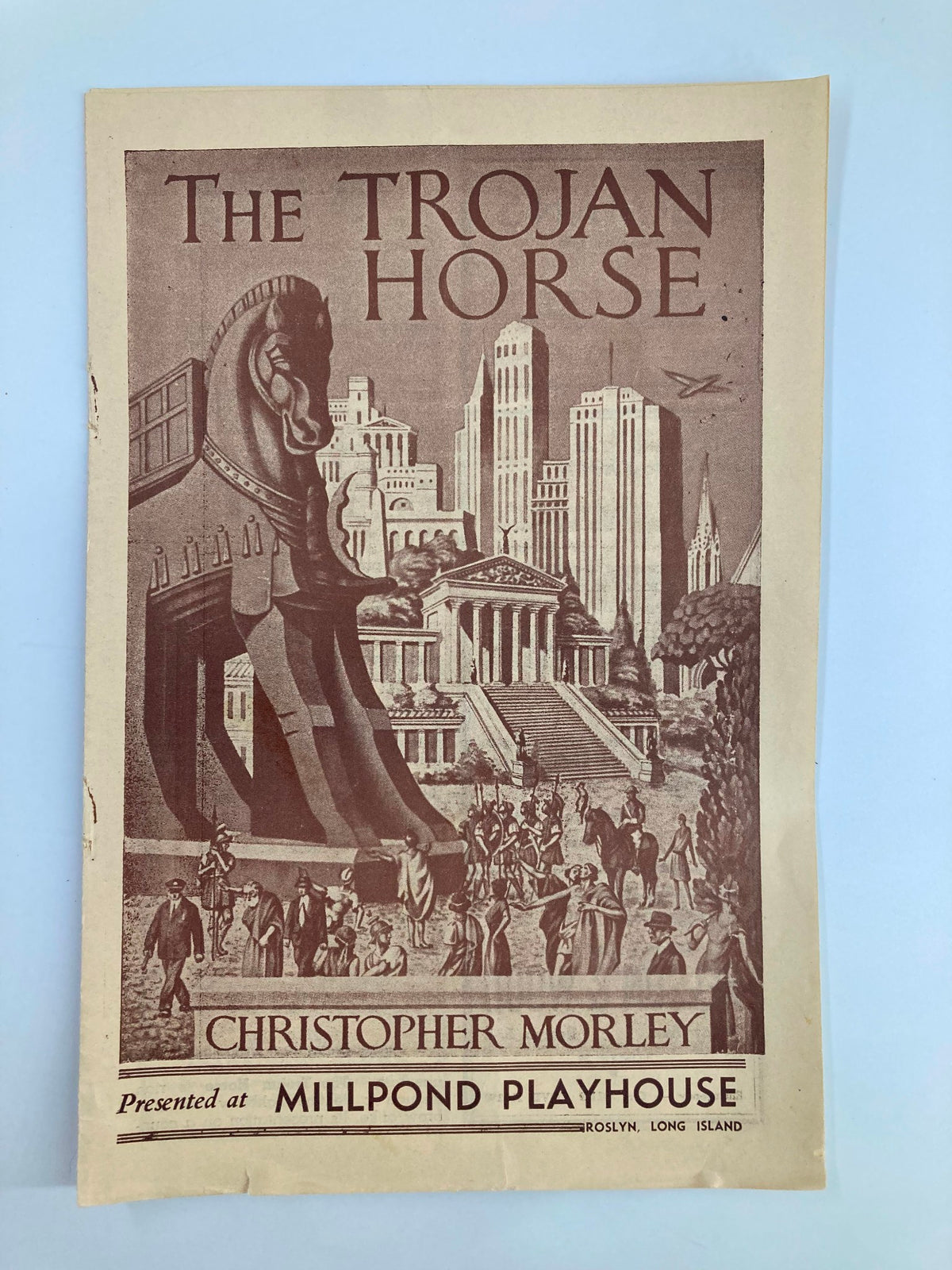 Cover of the 1940 Millpond Playhouse production of Christopher Morley's The Trojan Horse featuring a classic vintage design.