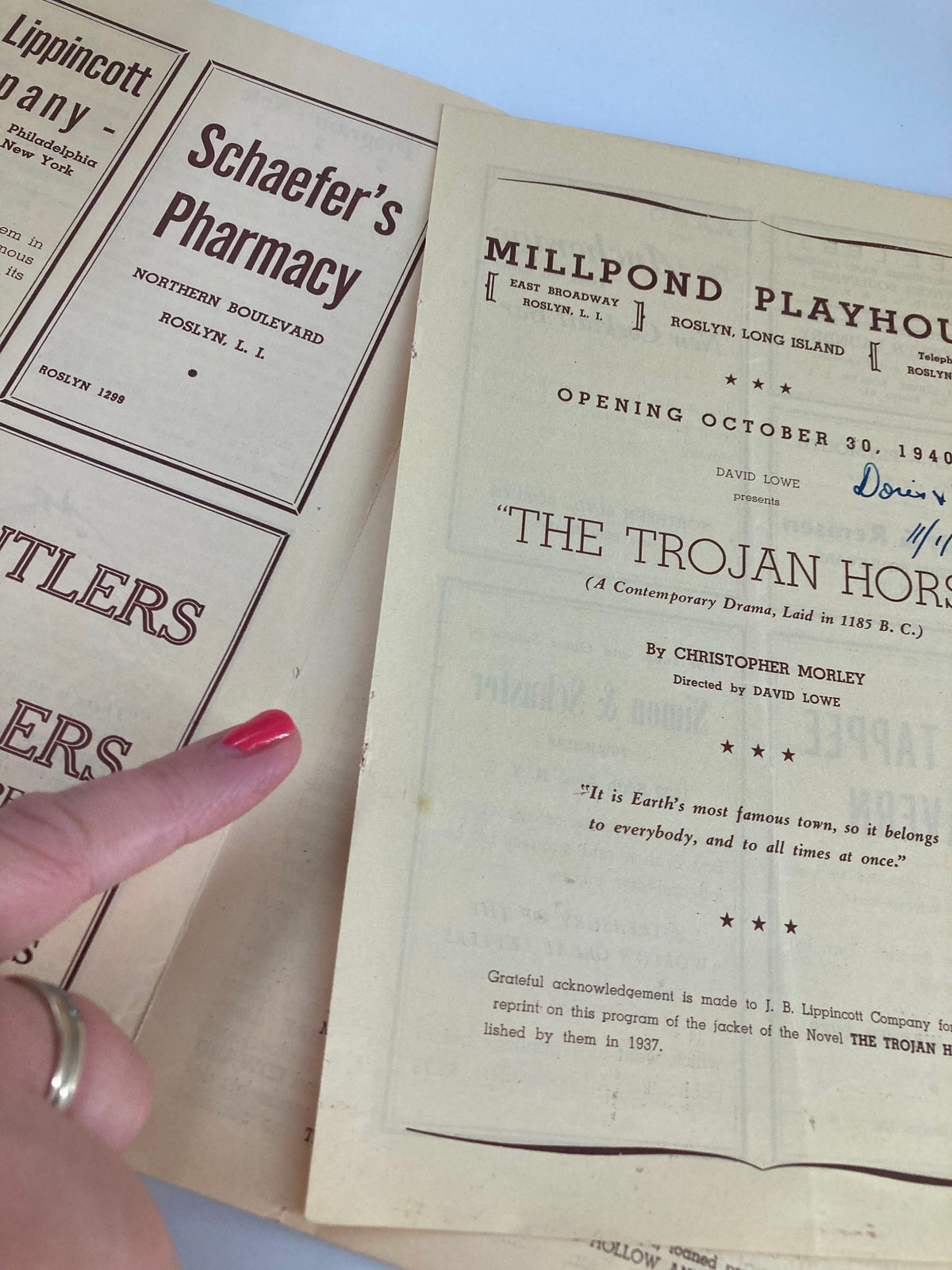 Another page from the 1940 Millpond Playhouse program for Christopher Morley's The Trojan Horse, featuring advertisements and production details.