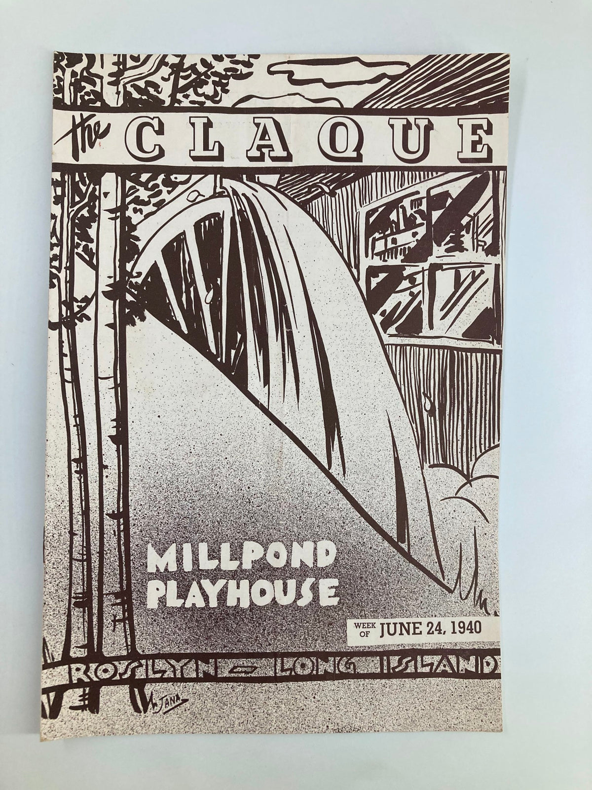 1940 playbill for 'Our Town' by Thornton Wilder, showcasing the Claque Millpond Playhouse cover art, featuring trees and a bridge.