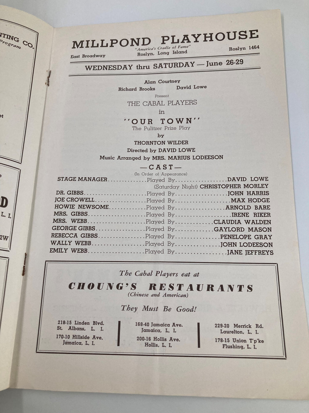 Inside page of the 1940 playbill for 'Our Town' by Thornton Wilder, listing cast members and production details from The Cabal Players.