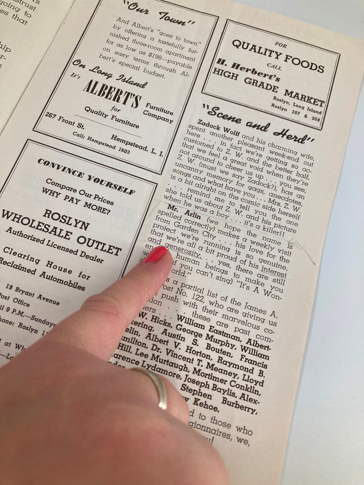 Another inside page of the 1940 playbill for 'Our Town' by Thornton Wilder, featuring advertisements and production notes.