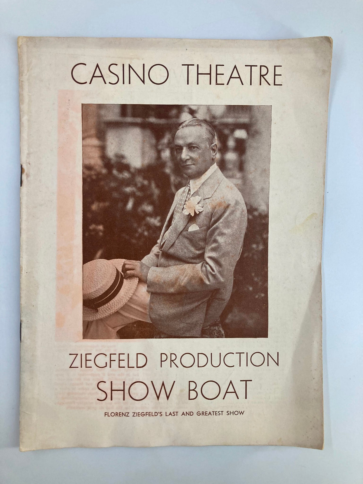 Cover of the 1940 Casino Theatre Ziegfeld Production of Show Boat, featuring a photograph of a well-dressed man, showcasing the iconic theatrical history of this beloved production.