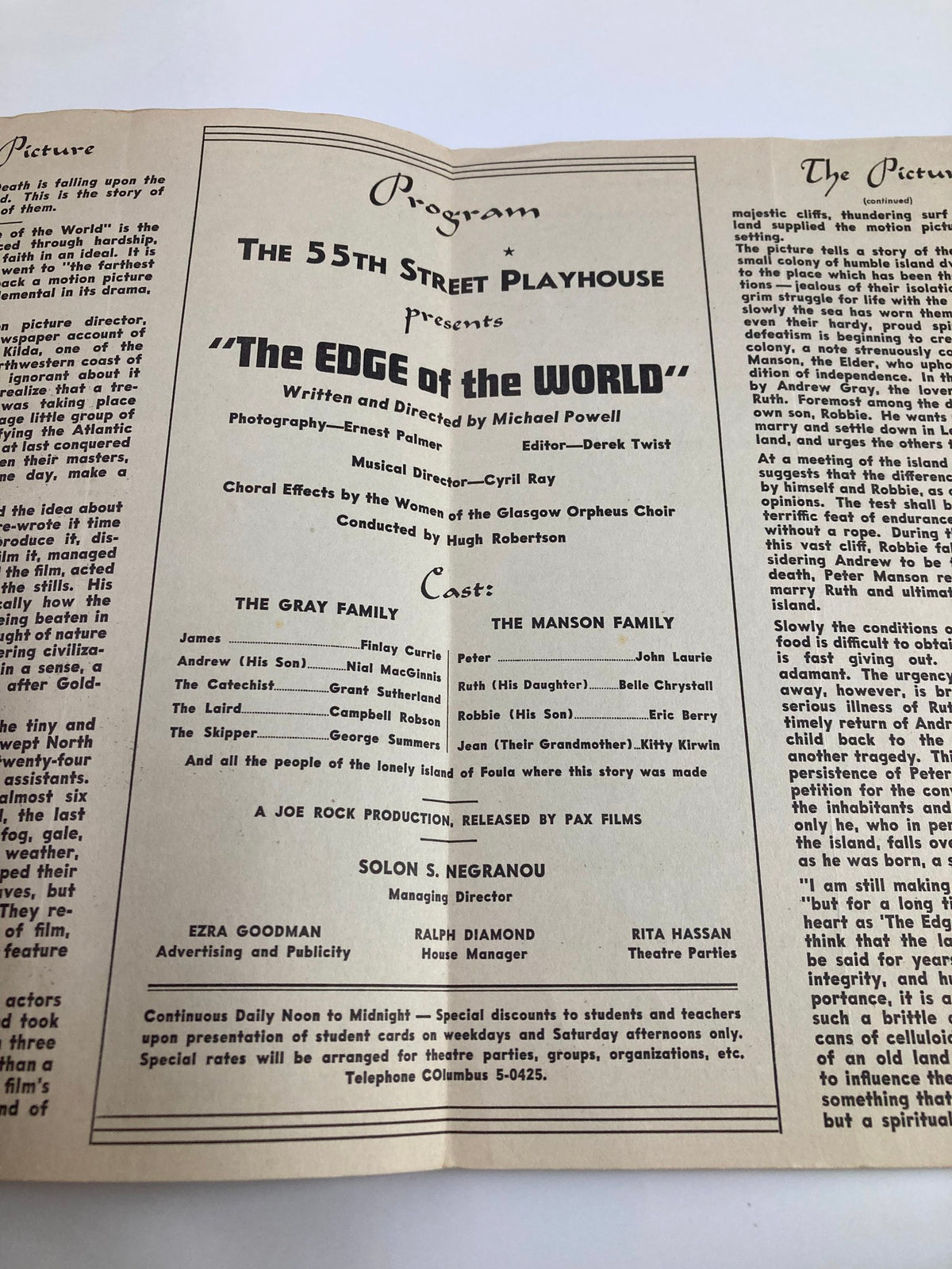 1940 American Premiere The 55th Street Playhouse The Edge of the World program detailing the cast and production credits, emphasizing its theatrical significance.