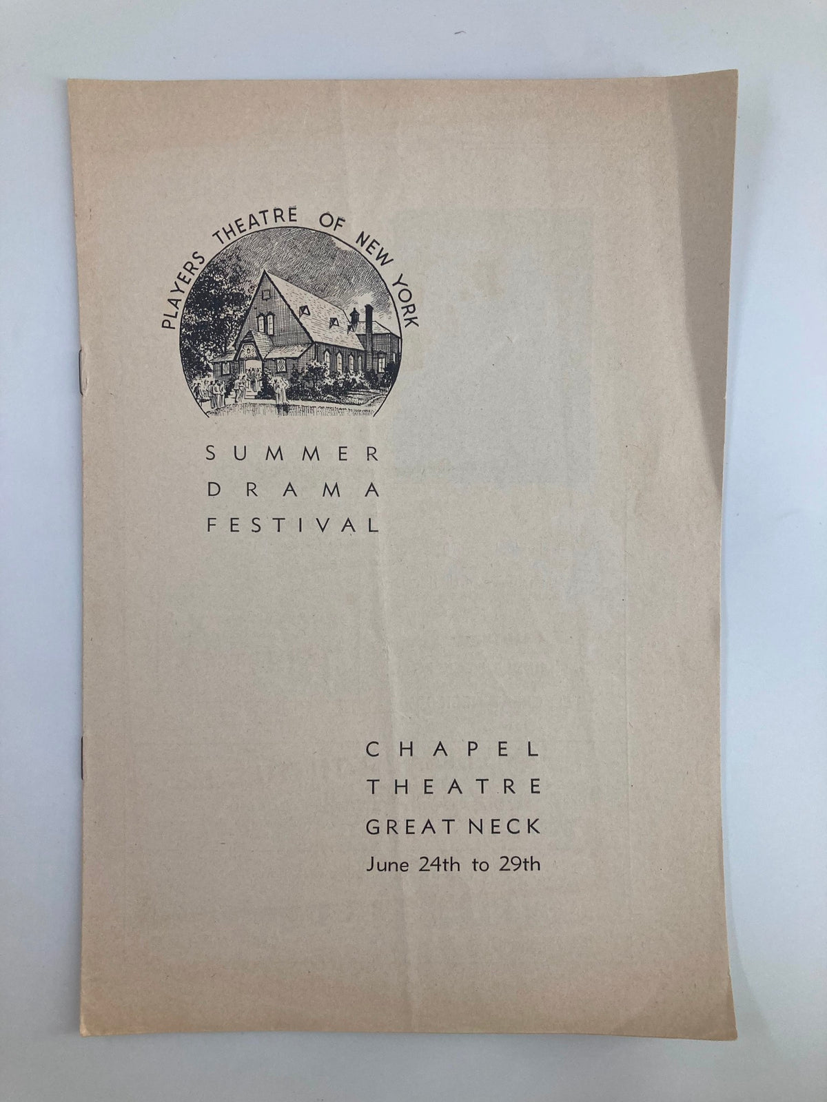 Cover of the 1940 Players Theatre of New York Playbill for Outward Bound by Sutton Vane, featuring 'Summer Drama Festival' and event details at Chapel Theatre in Great Neck.