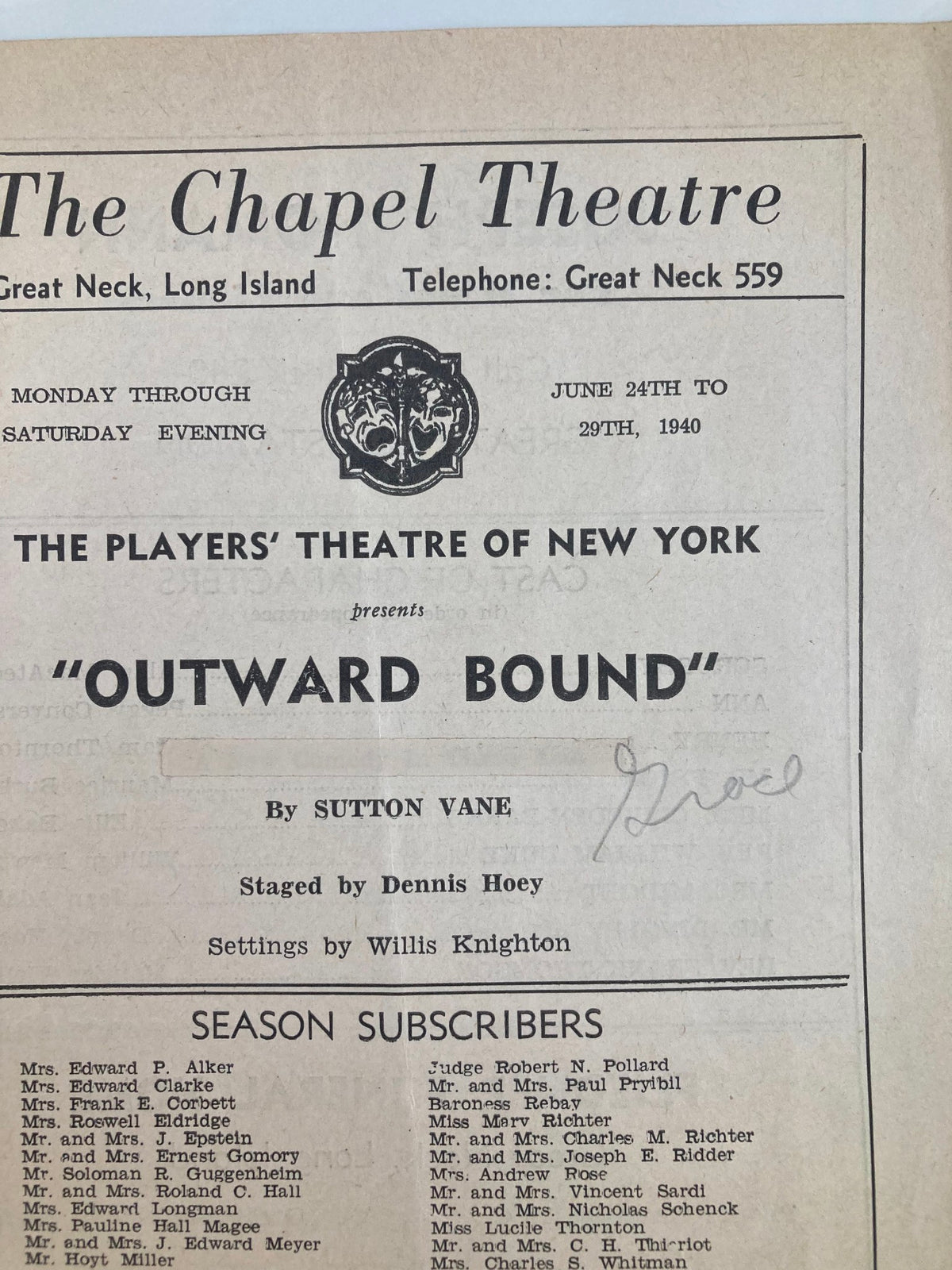 1940 Players Theatre of New York Outward Bound Playbill cover featuring the title, playwright Sutton Vane, and staged by Dennis Hoey, along with a list of season subscribers.