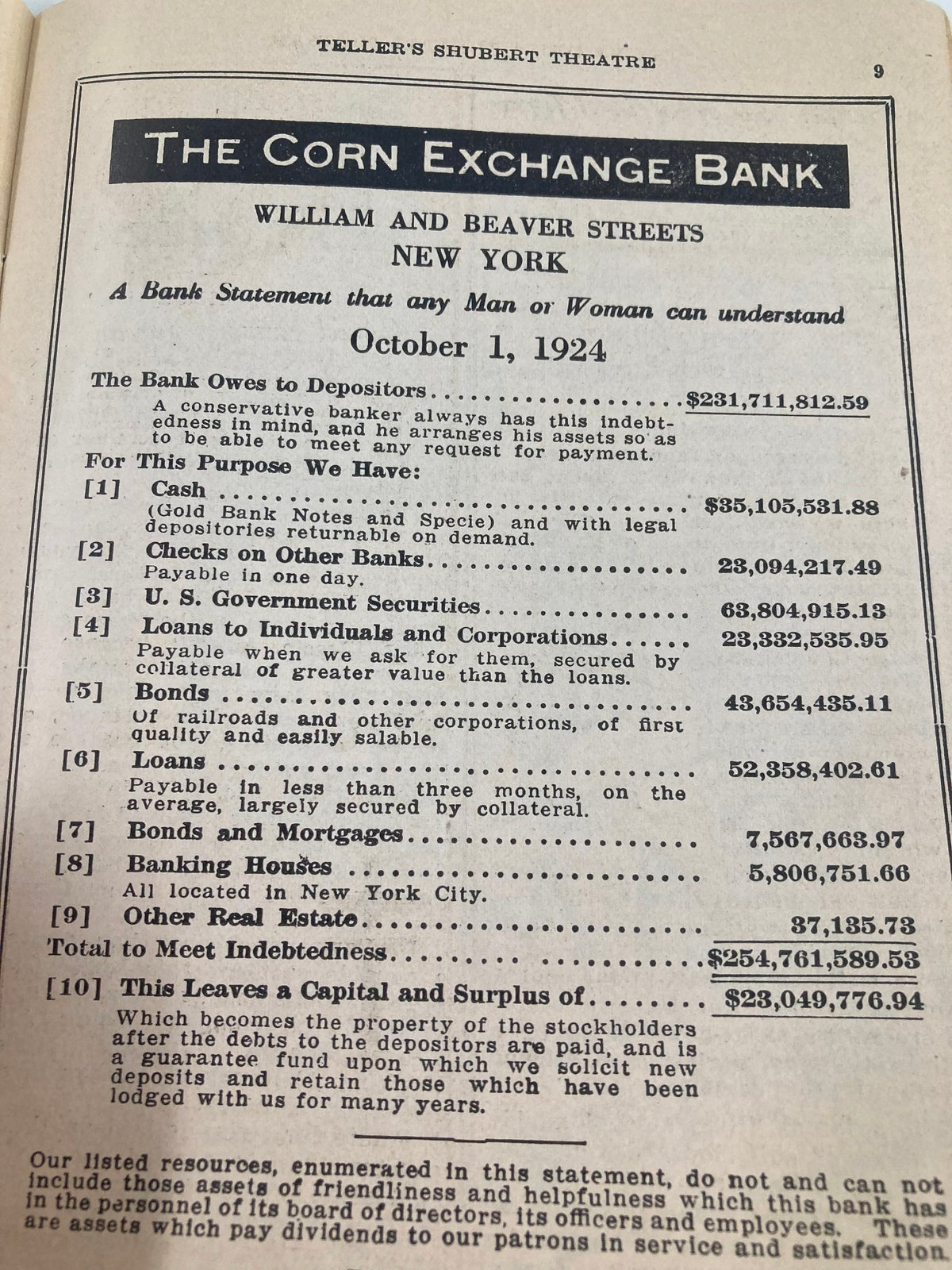 Page from the 1924 Teller's Shubert Theatre playbill detailing financial information of the Corn Exchange Bank, dated October 1, 1924.