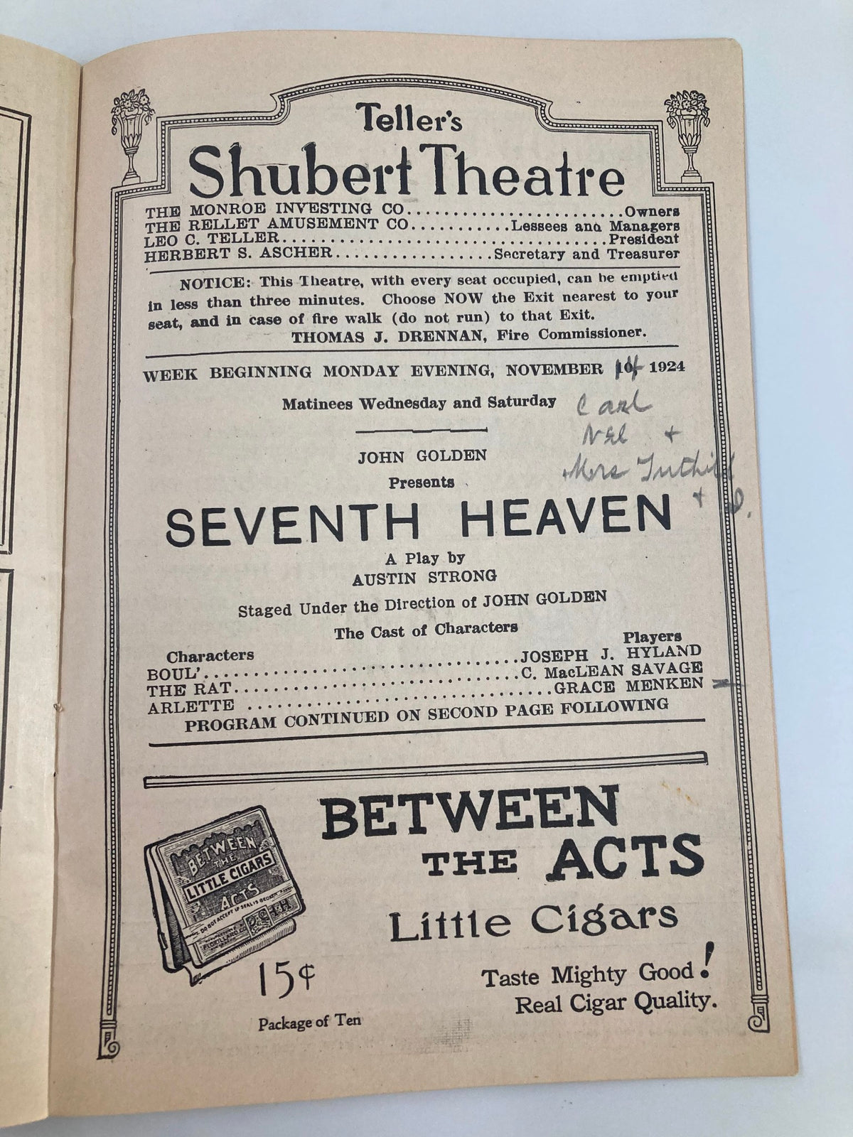 Interior page of the 1924 Teller's Shubert Theatre playbill announcing the play Seventh Heaven by Austin Strong, including cast and production details.