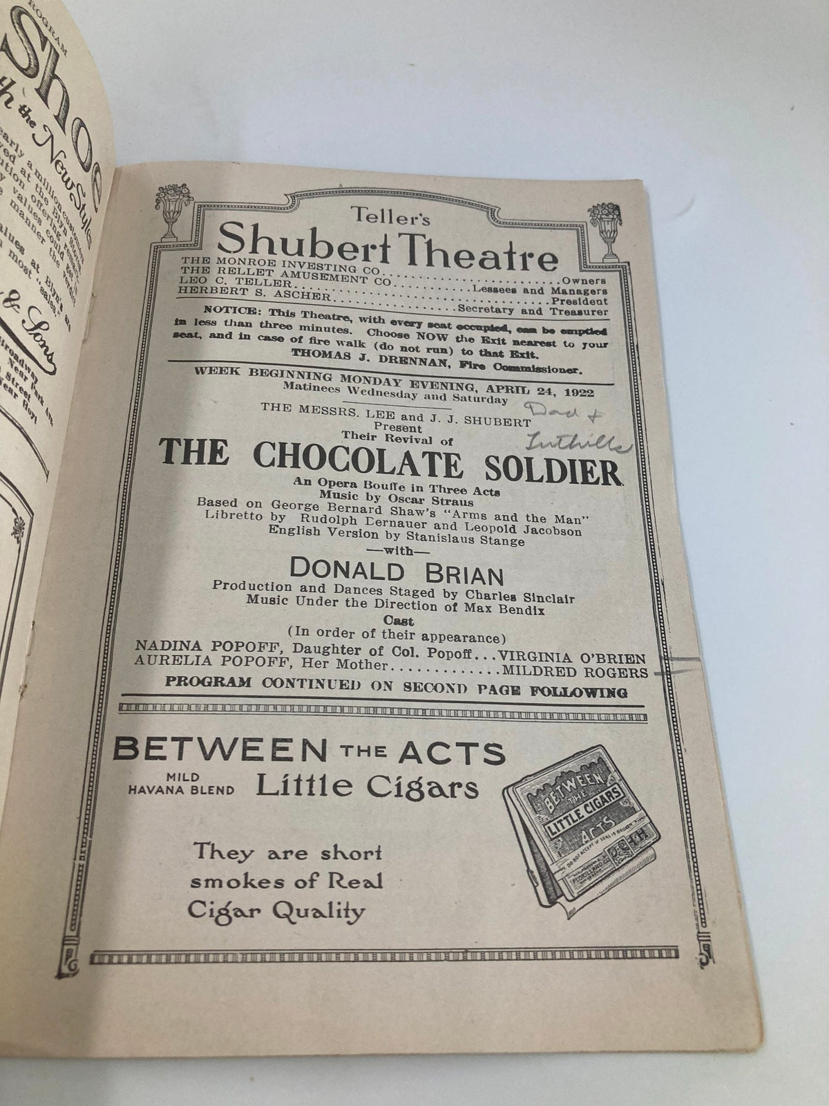 Inside page of the 1924 Teller's Shubert Theatre Playbill, showcasing details of The Chocolate Soldier production featuring Donald Brian.