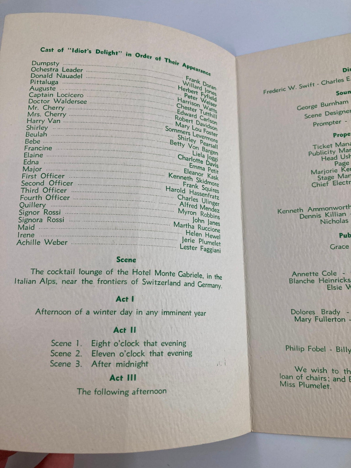 Inside page of the 1936 Playbill for 'The Green Wig of Hofstra College Idiot's Delight' showing the cast list and order of appearance.