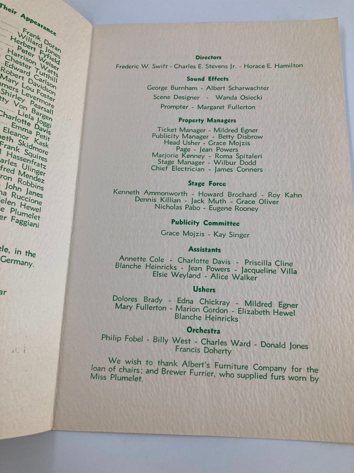 Another inside page of the 1936 Playbill for 'The Green Wig of Hofstra College Idiot's Delight' detailing the production team and additional cast members.