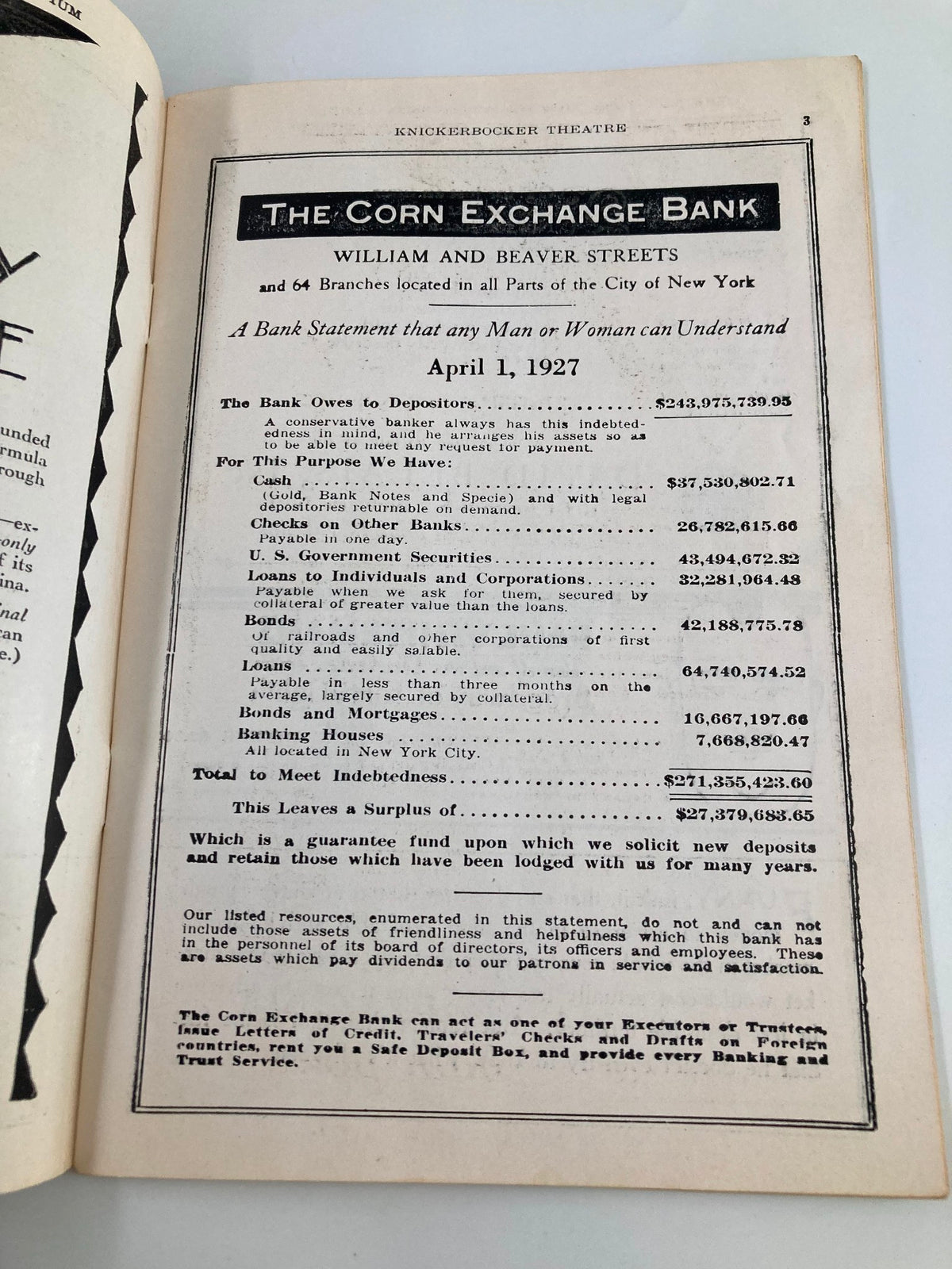 Interior page from the 1927 Knickerbocker Theatre playbill, displaying a bank statement, showcasing the historical financial context of the era.