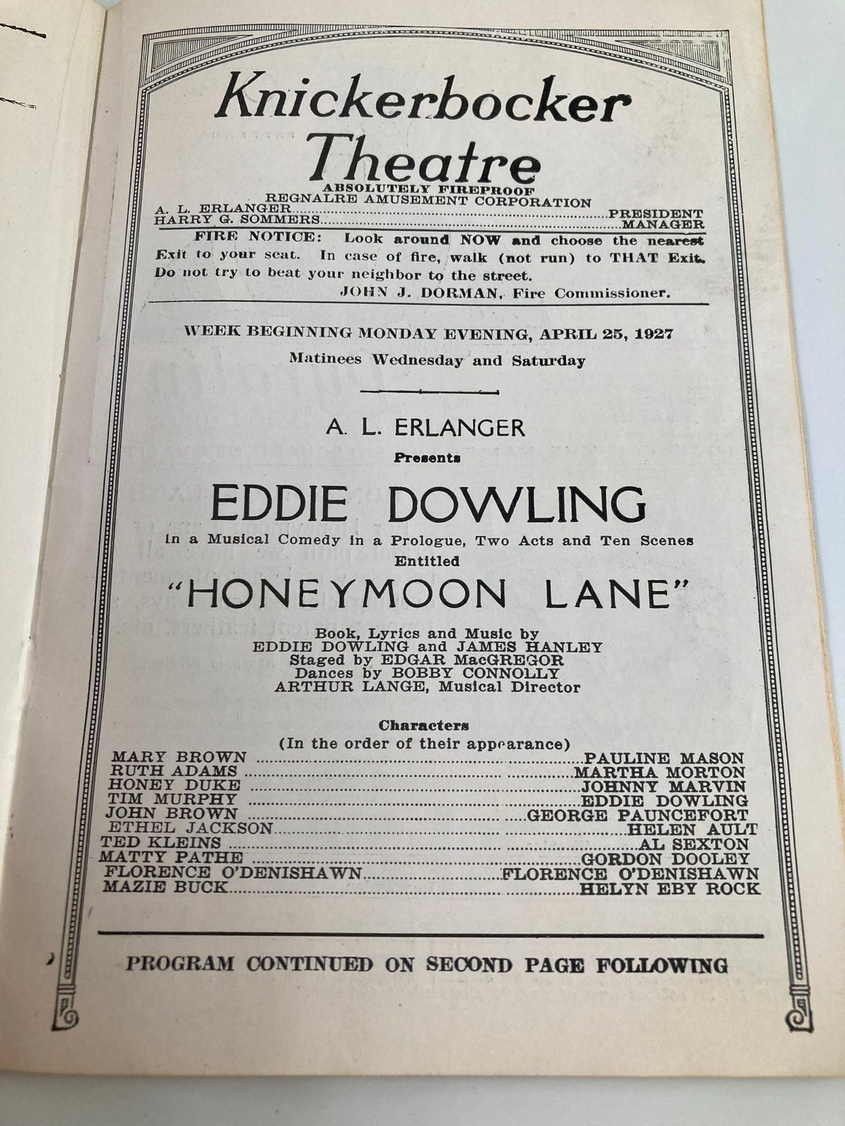 Another interior page from the 1927 Knickerbocker Theatre playbill, featuring details about Eddie Dowling's Honeymoon Lane, including production information and character listings.
