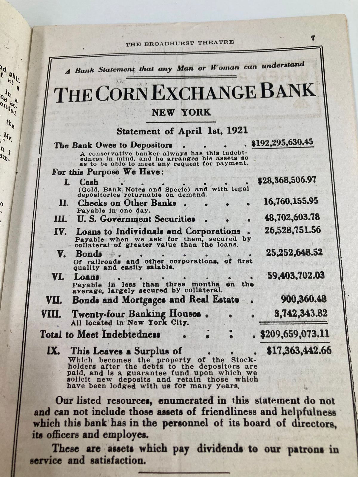 Inside page of the 1921 Broadhurst Theatre program showing a financial statement from The Corn Exchange Bank, dated April 1, 1921.