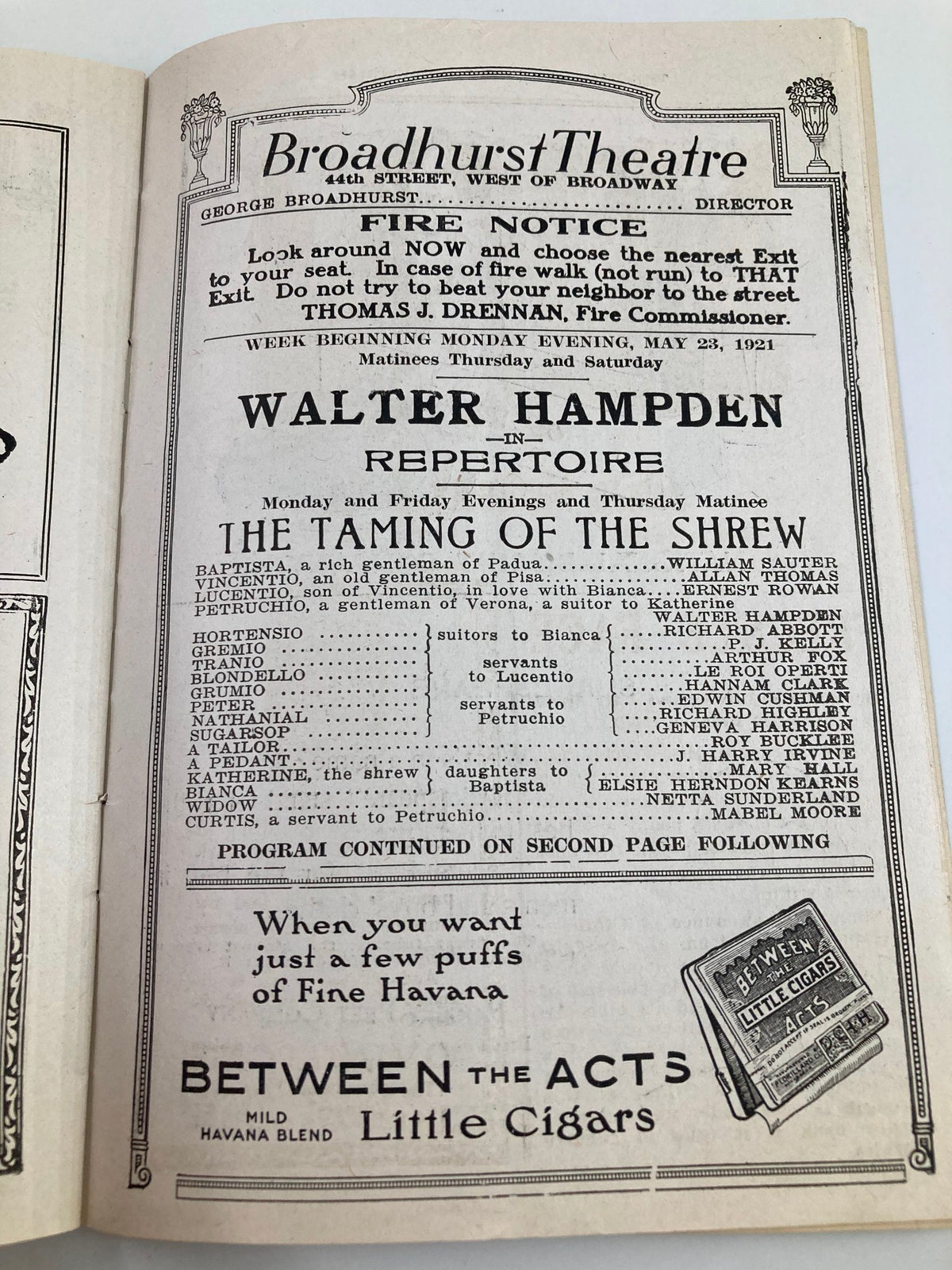 Information page from the 1921 Broadhurst Theatre program detailing Walter Hampden's performance in 'The Taming of The Shrew' with schedule and exit information.