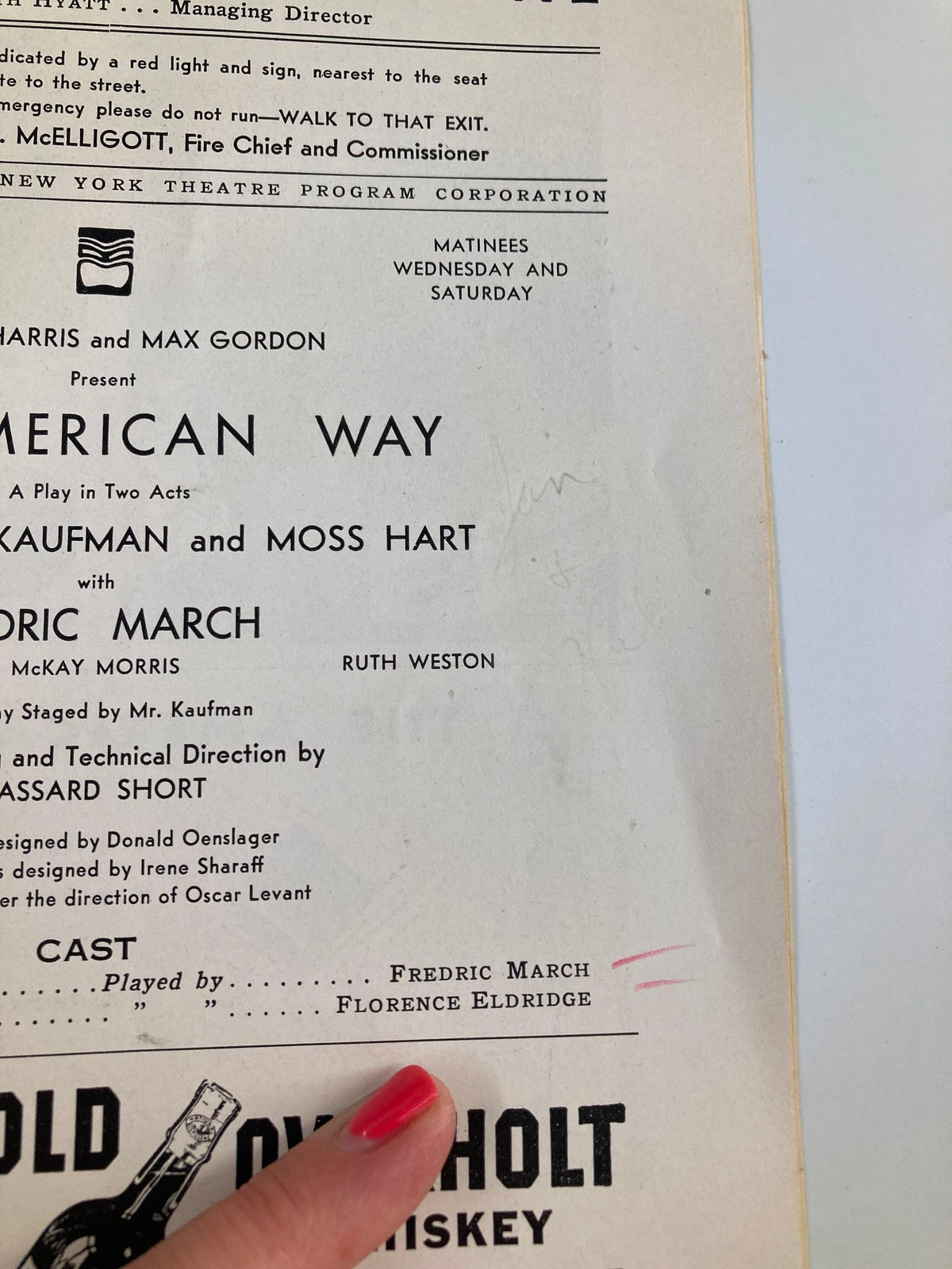 Playbill for 'The American Way' by George S. Kaufman from the Center Theatre, featuring the cast including Fredric March and Florence Eldridge, dated 1939.