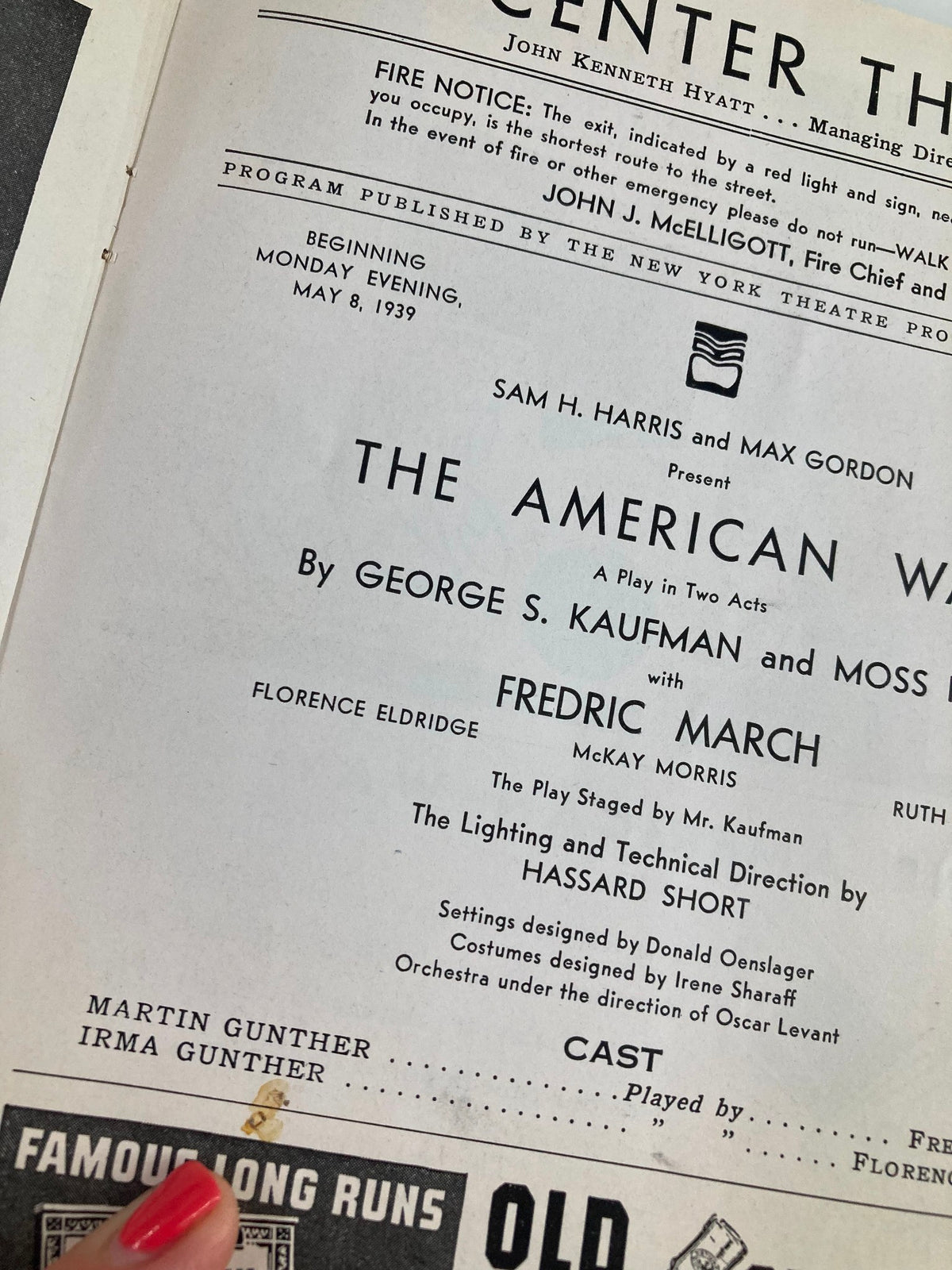 Program for 'The American Way' by George S. Kaufman, showcasing details of the theater's production, including cast and crew, from the Center Theatre in 1939.
