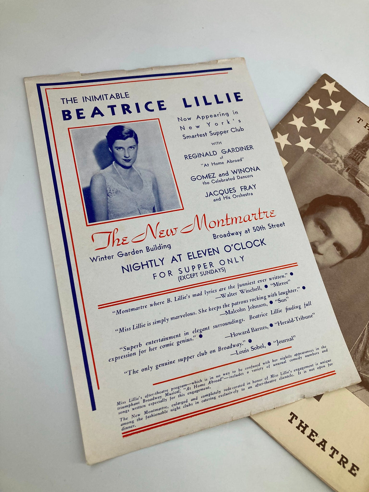 Advertisement for Beatrice Lillie performing at The New Montmartre, featuring a photograph and details about the upcoming performance, highlighting supper events in New York.