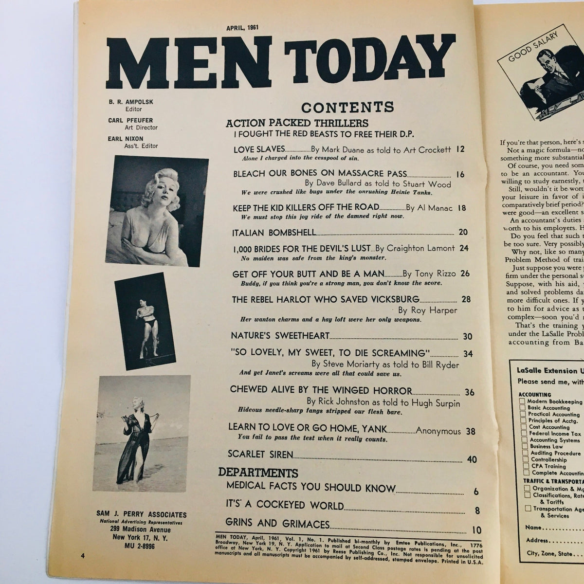 Men Today Magazine April 1961 cover showcasing contents of the issue including articles like 'Keep The Kid Killers Off The Road' and featuring vintage imagery.