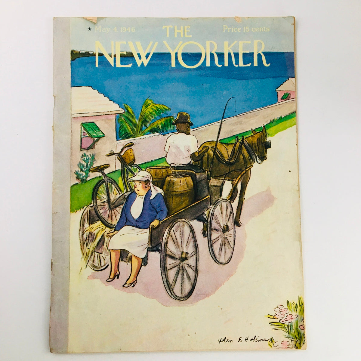 The New Yorker May 4 1946 Full Magazine with a theme cover illustrated by Helen E. Hockinson, depicting a woman in historical attire seated next to a horse-drawn carriage against a vibrant background.