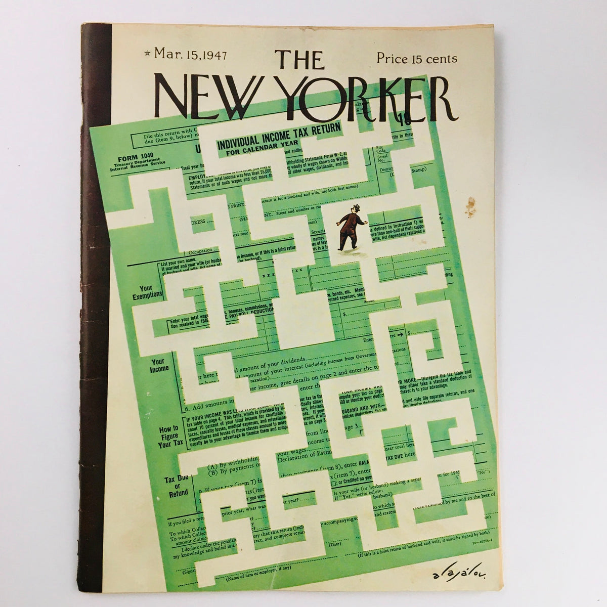 Cover of The New Yorker dated March 15, 1947, featuring a unique illustration by Constantin Alajalov, showcasing a maze design over an Individual Income Tax Return form.