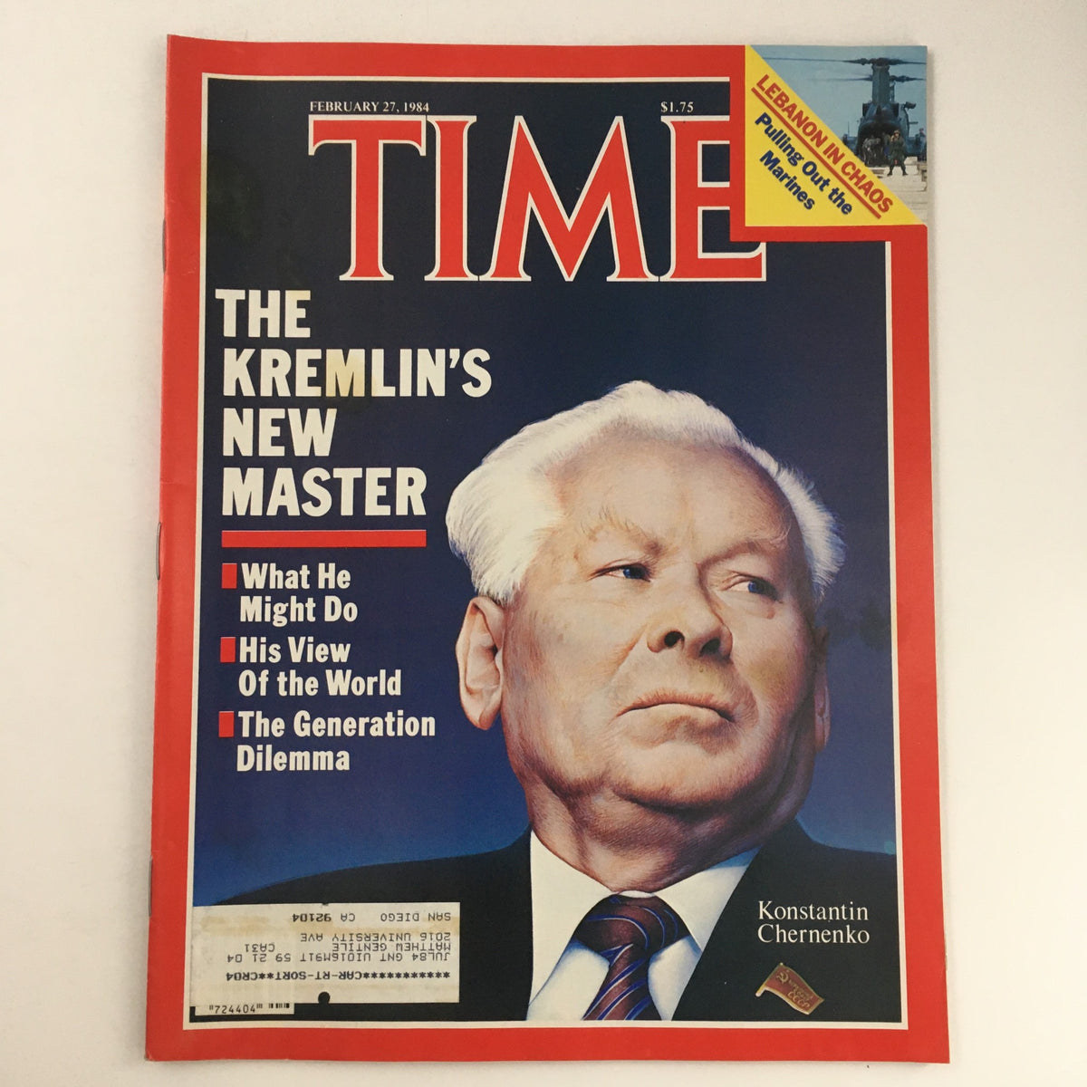 Cover of Time Magazine dated February 27, 1984, Vol 123 #9, featuring General Konstantin Chernenko. The headline reads 'The Kremlin's New Master', highlighting Chernenko's role during a significant political era.
