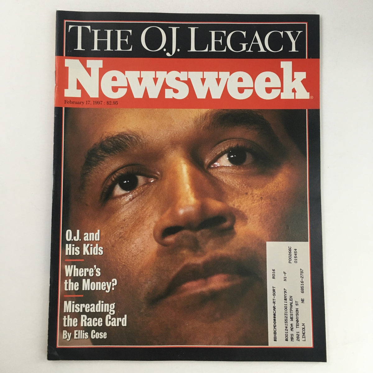 Cover of Newsweek Magazine from February 17, 1997, featuring the title 'The O.J. Legacy' with a focus on O.J. Simpson and his kids, discussing themes such as financial aspects and societal issues.